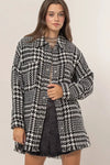 Black White Houndstooth Oversized Long Fringe Open Front Coat