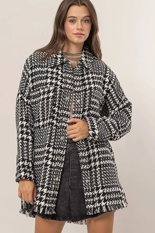 Black White Houndstooth Oversized Long Fringe Open Front Coat