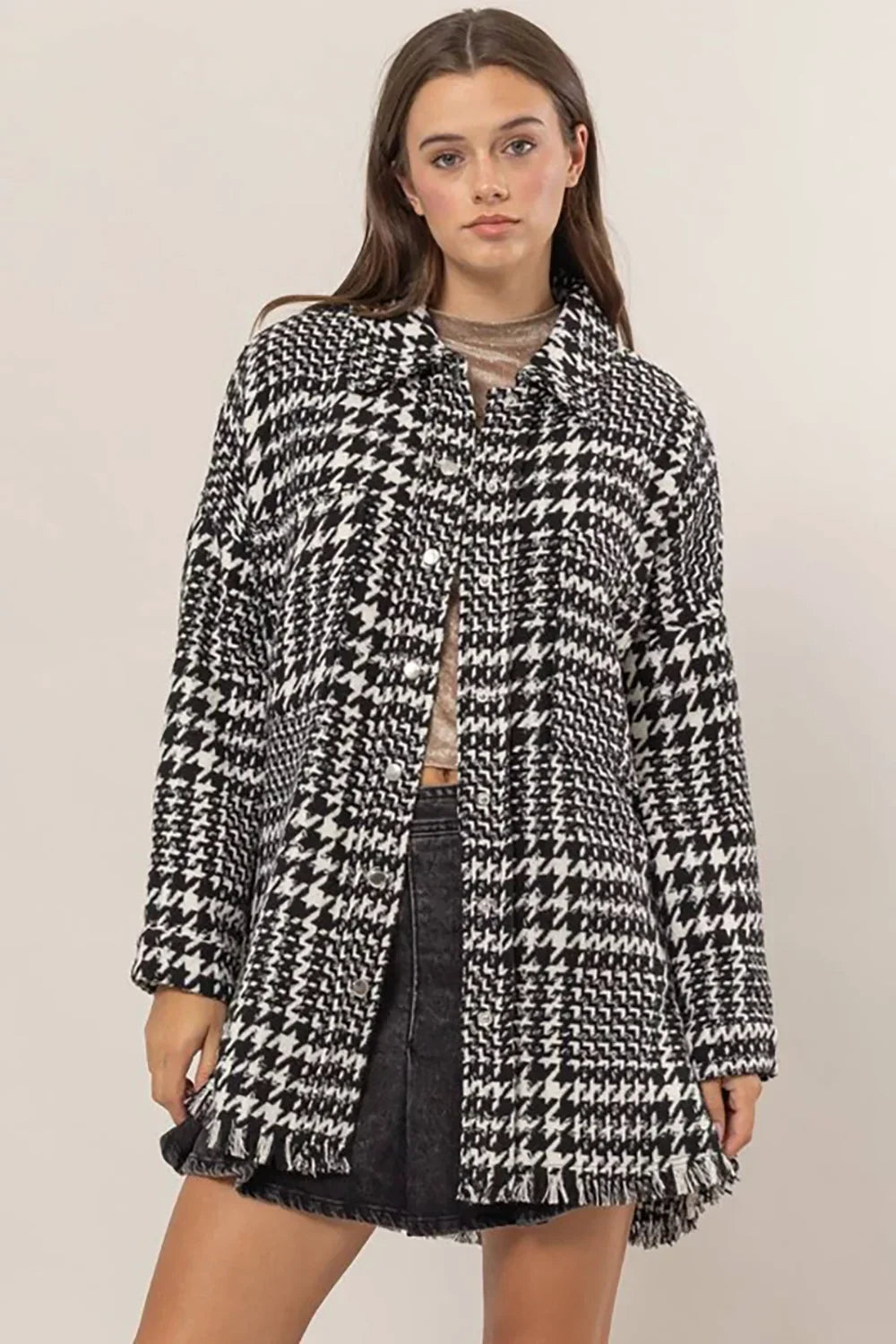 Black White Houndstooth Oversized Long Fringe Open Front Coat - Tasha Apparel Wholesale