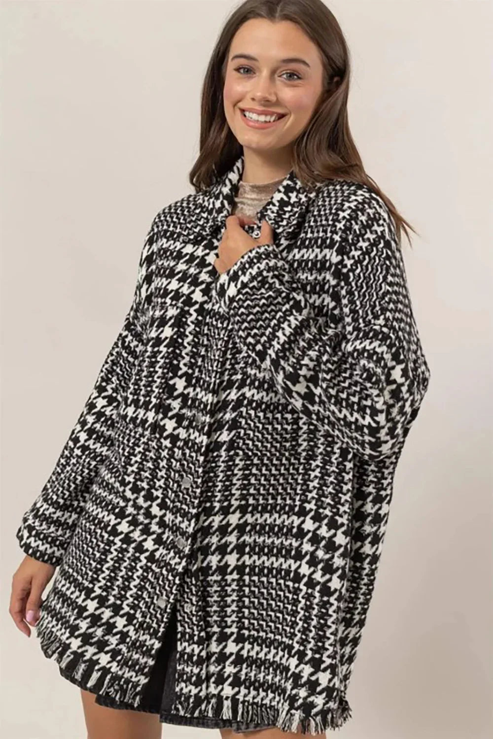 Black White Houndstooth Oversized Long Fringe Open Front Coat - Tasha Apparel Wholesale