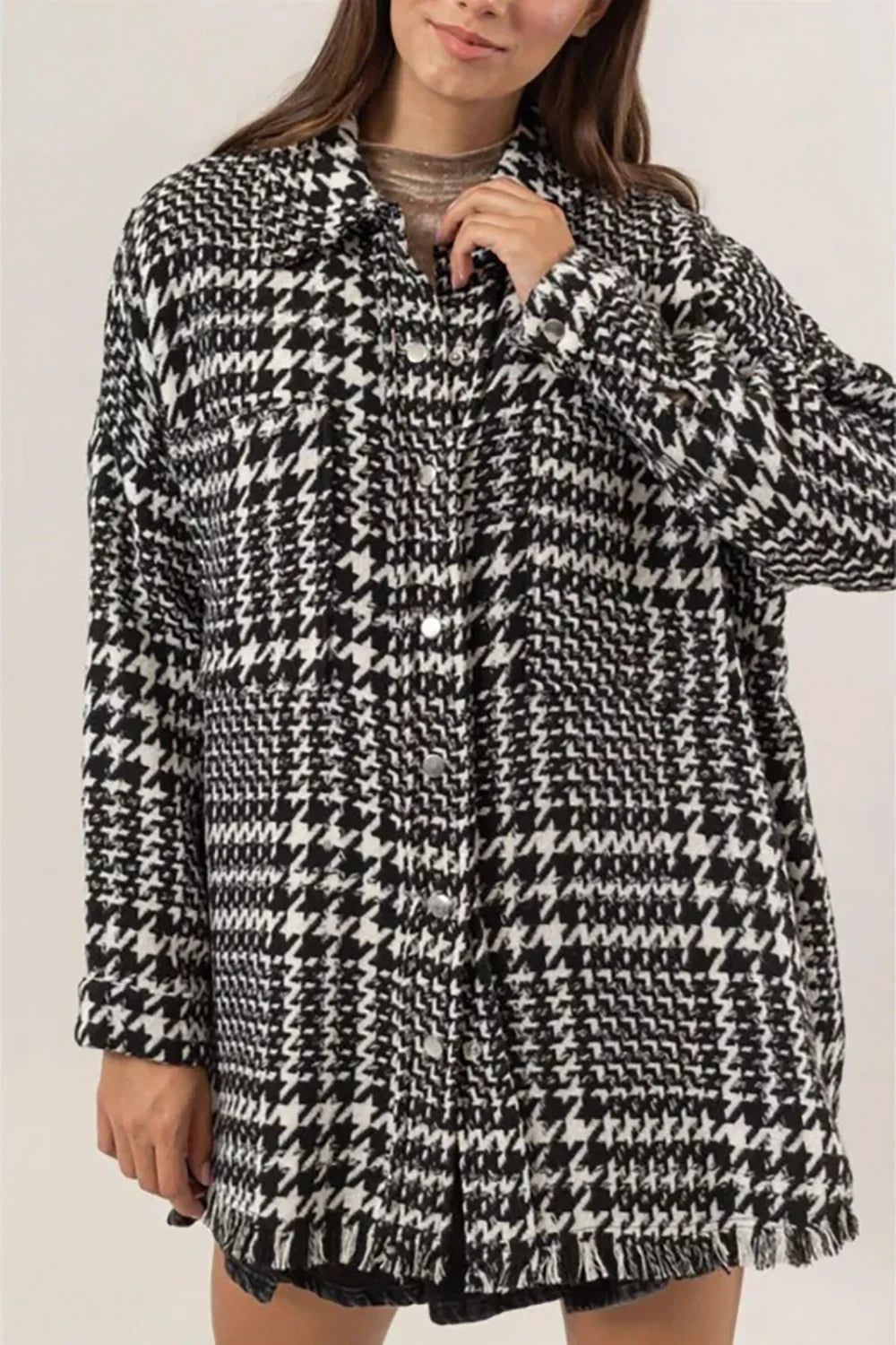 Black White Houndstooth Oversized Long Fringe Open Front Coat - Tasha Apparel Wholesale