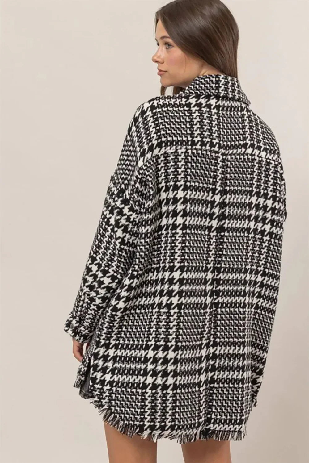Black White Houndstooth Oversized Long Fringe Open Front Coat - Tasha Apparel Wholesale