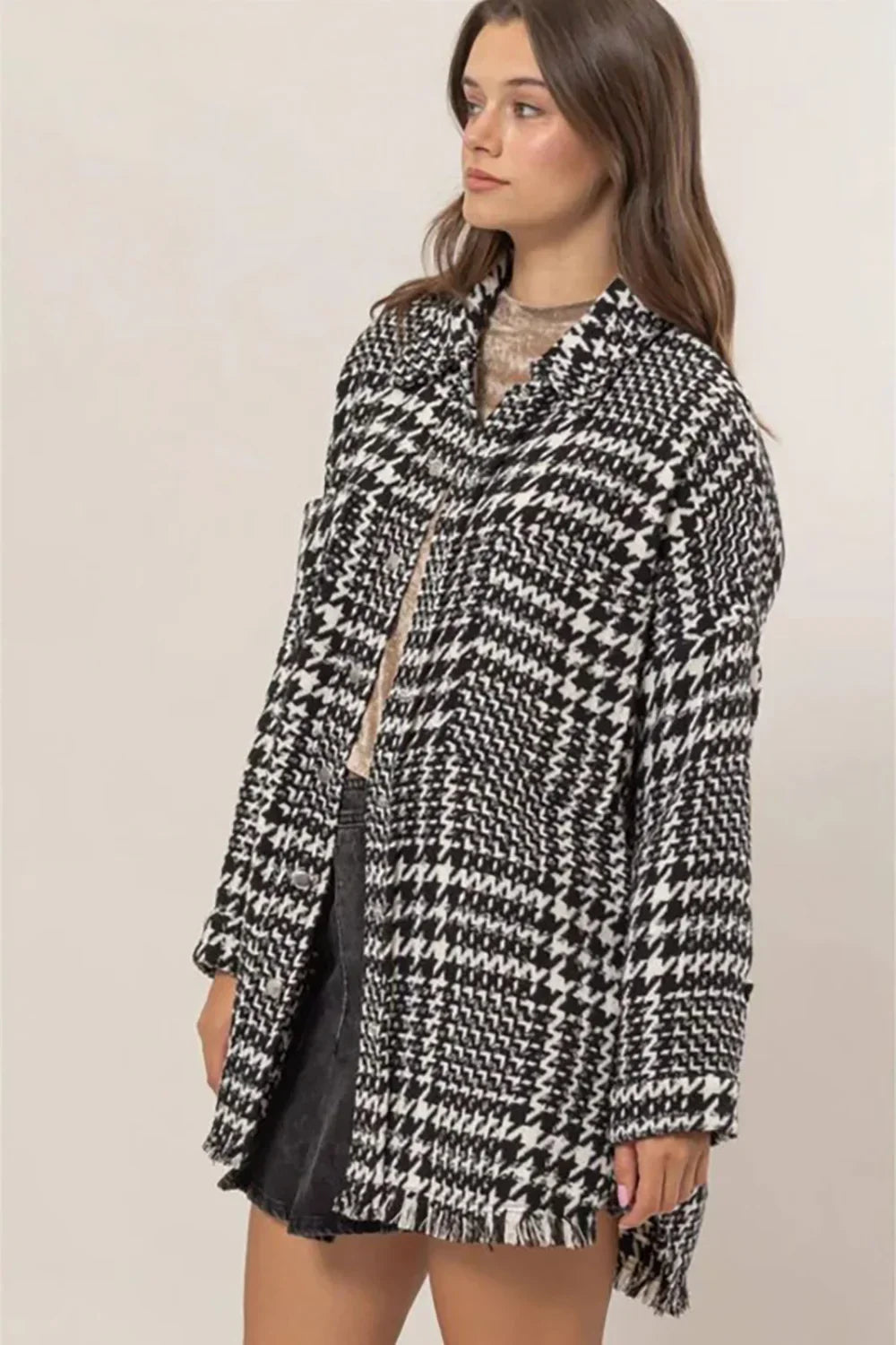 Black White Houndstooth Oversized Long Fringe Open Front Coat - Tasha Apparel Wholesale