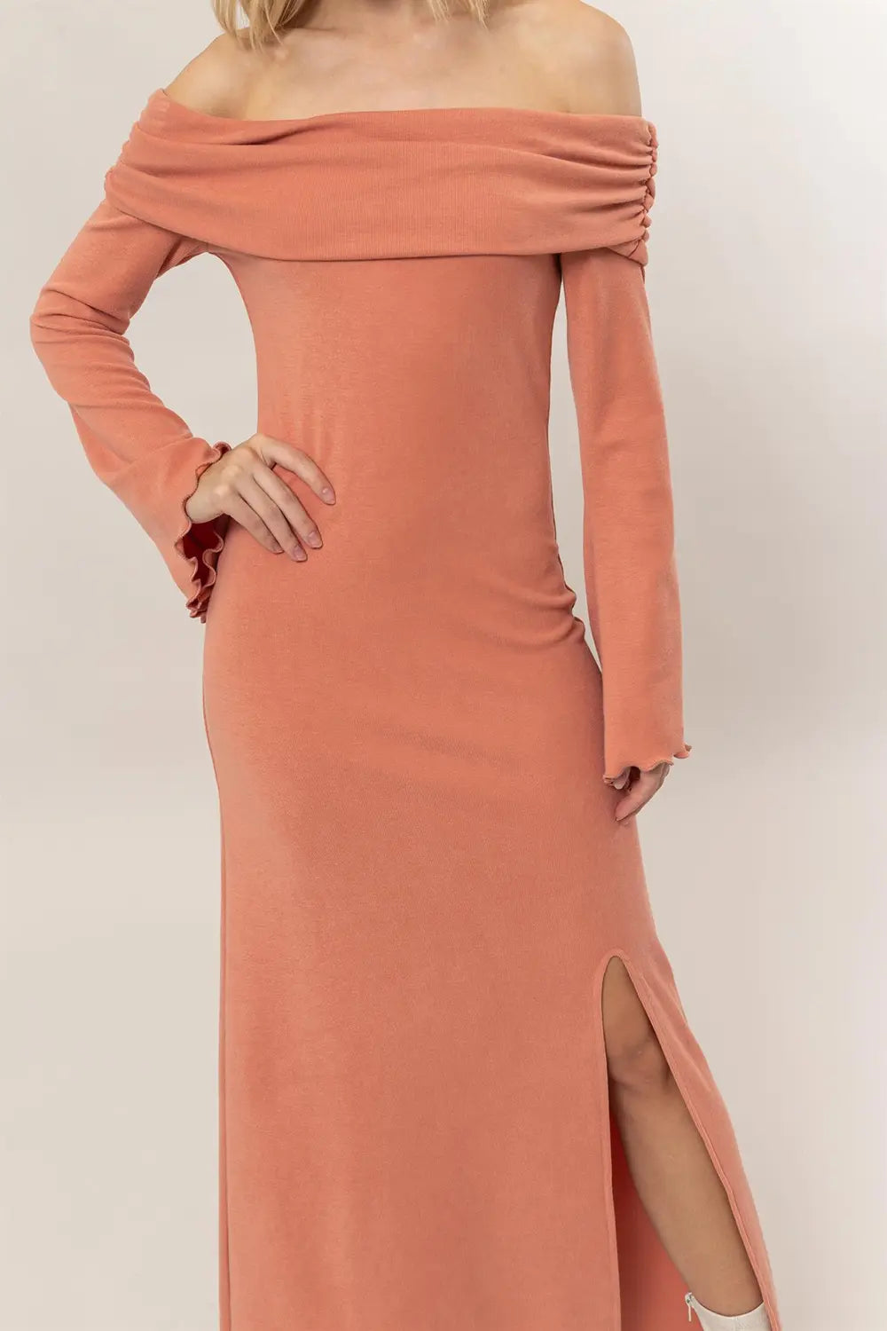 Coral Off Shoulder Ribbed Knit Long Sleeve Boutique Maxi Dress