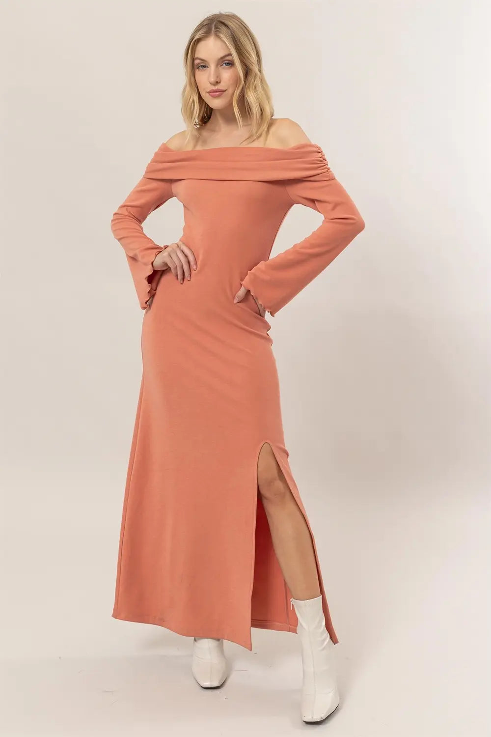 Coral Off Shoulder Ribbed Knit Long Sleeve Boutique Maxi Dress