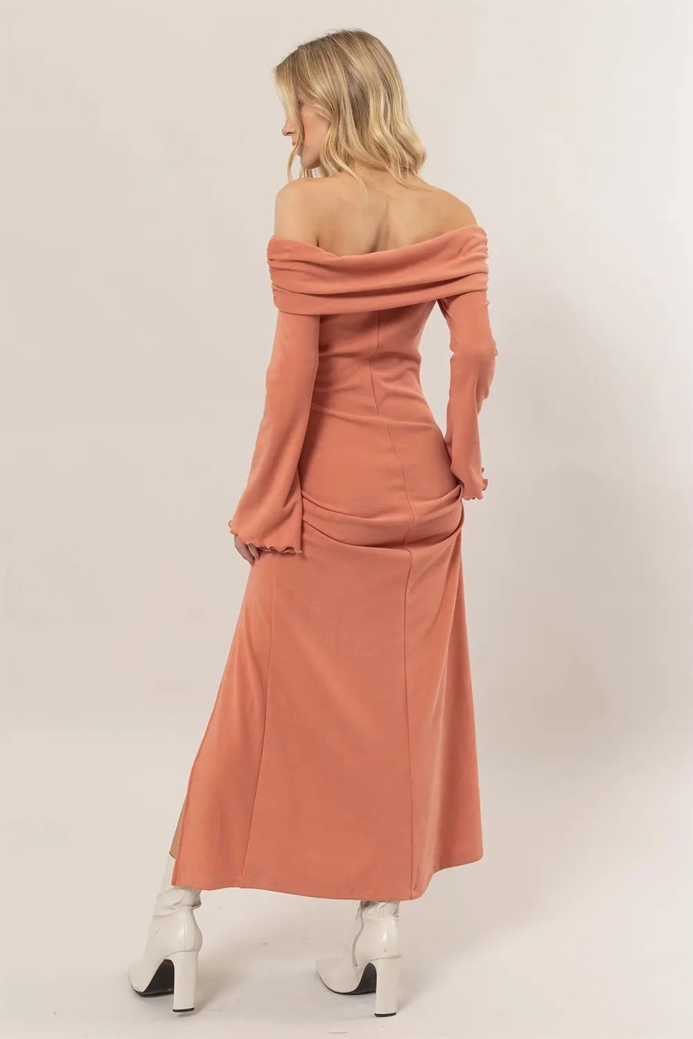 Coral Off Shoulder Ribbed Knit Long Sleeve Boutique Maxi Dress