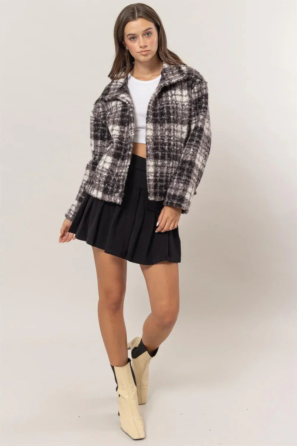 HF24F882 Plaid Collared Neck Pockets Boucle Jacket Shacket - Tasha Apparel Wholesale