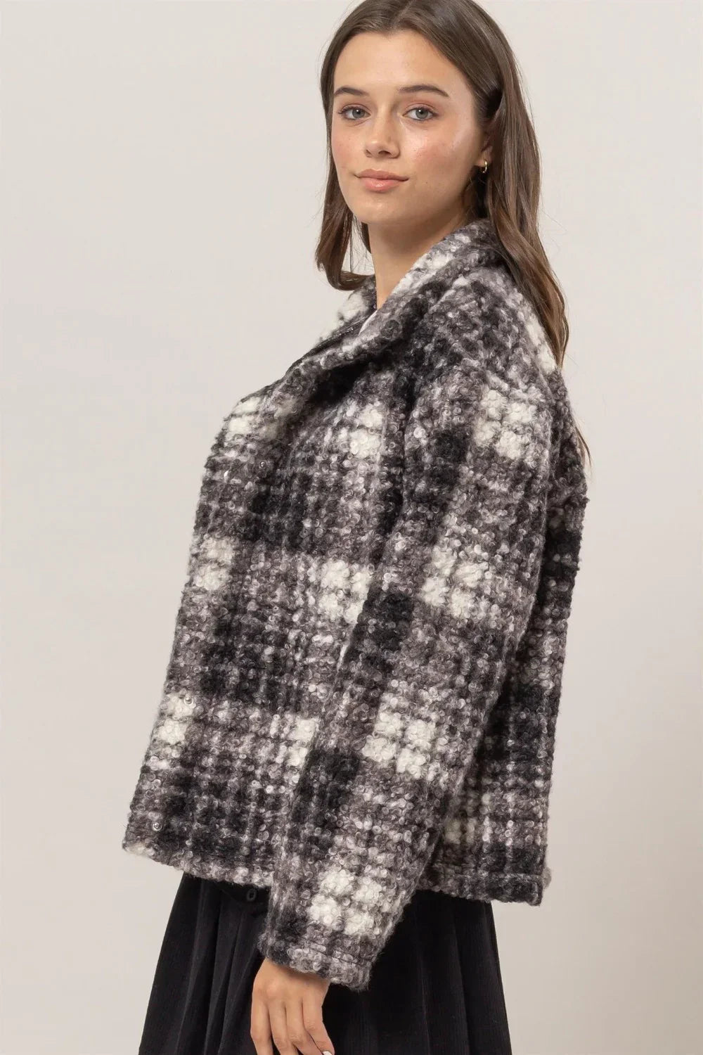 HF24F882 Plaid Collared Neck Pockets Boucle Jacket Shacket - Tasha Apparel Wholesale
