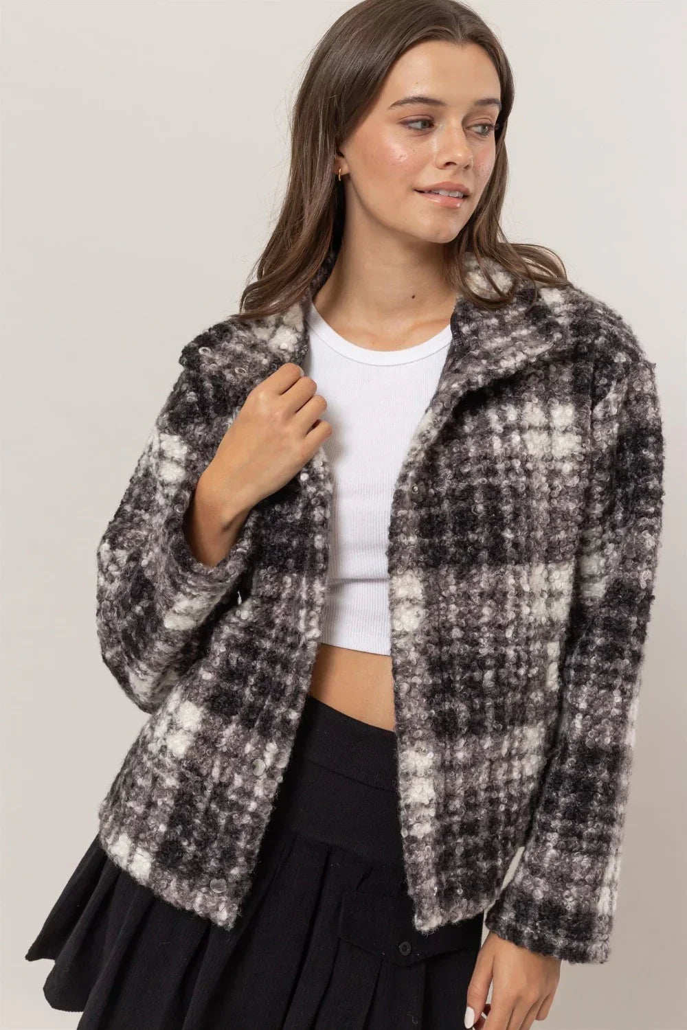 HF24F882 Plaid Collared Neck Pockets Boucle Jacket Shacket - Tasha Apparel Wholesale
