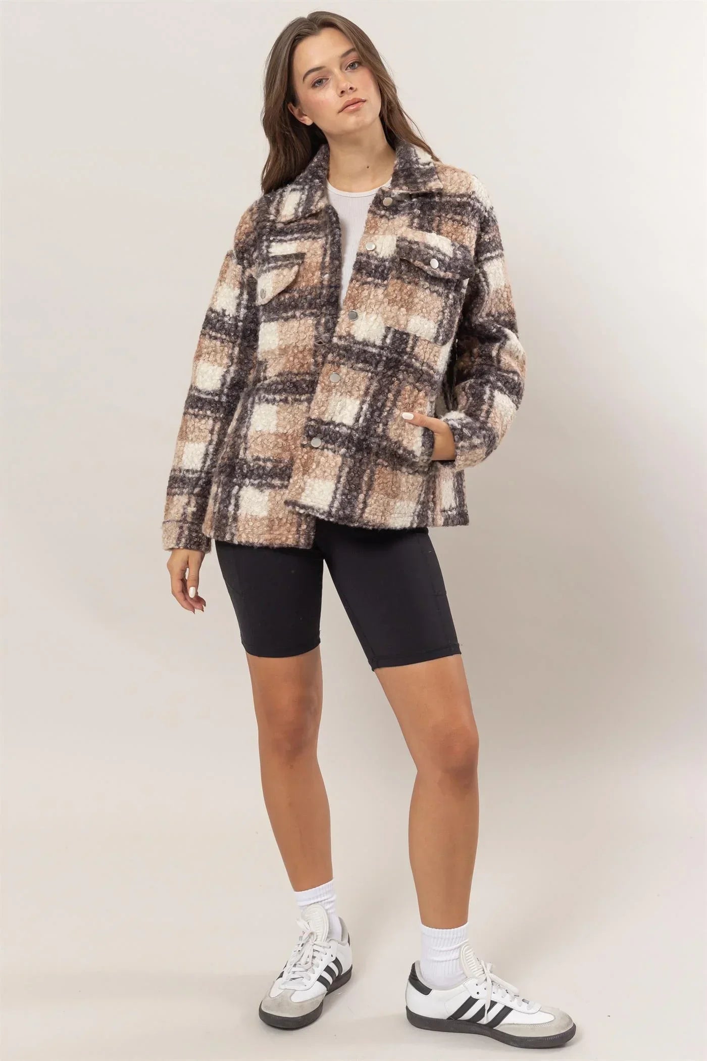 HF24F882 Plaid Collared Neck Pockets Boucle Jacket Shacket - Tasha Apparel Wholesale