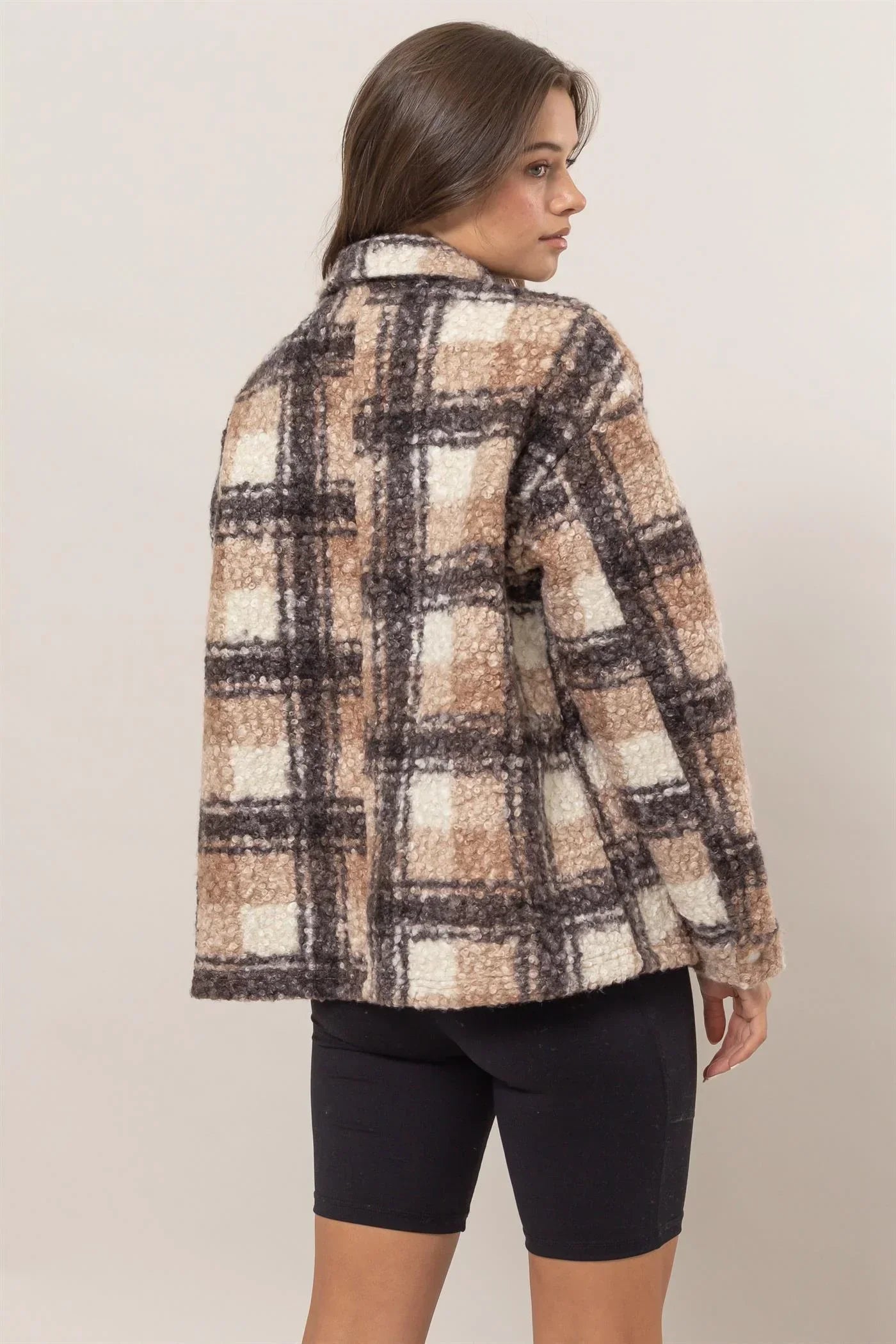 HF24F882 Plaid Collared Neck Pockets Boucle Jacket Shacket - Tasha Apparel Wholesale