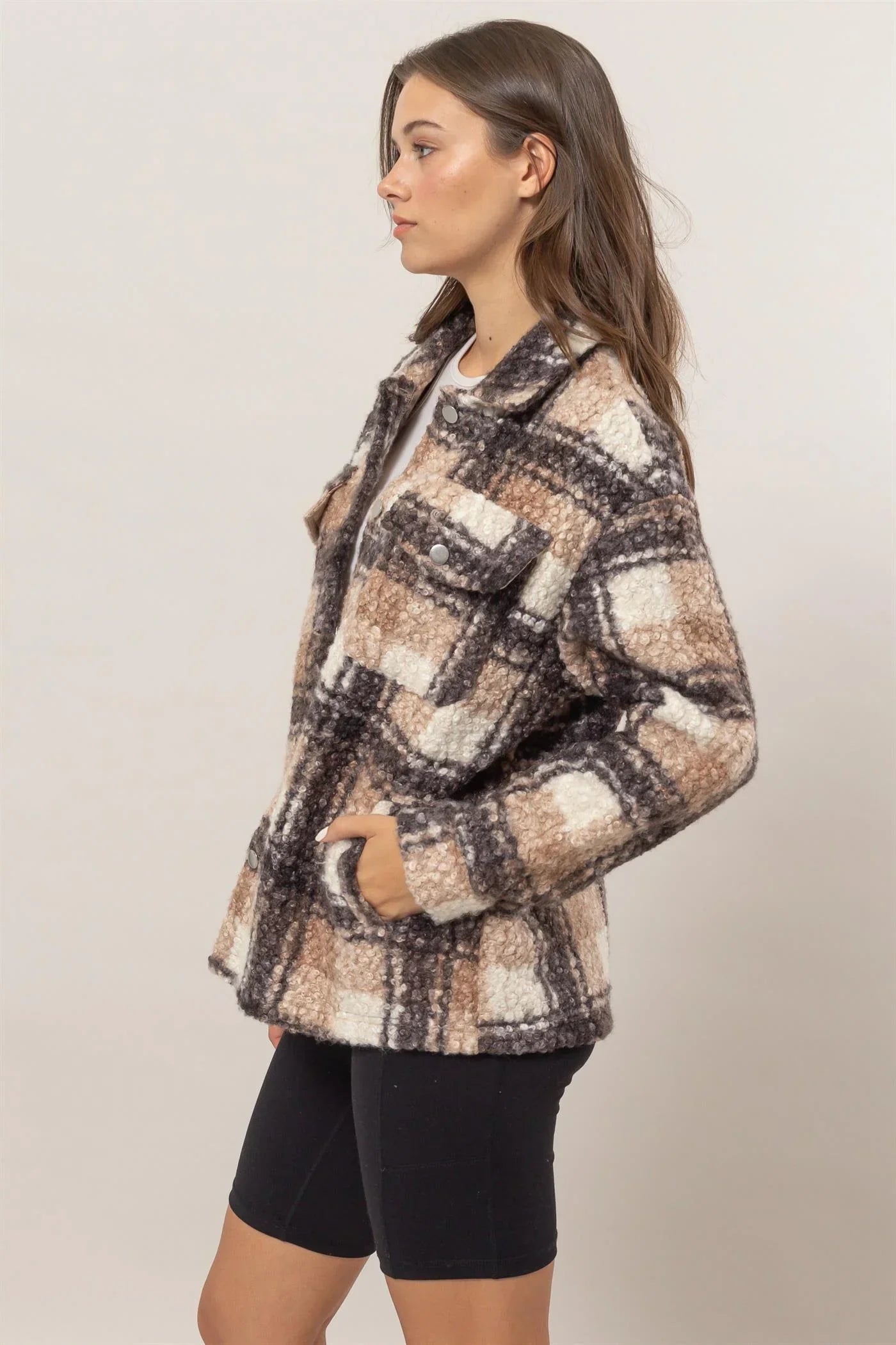 HF24F882 Plaid Collared Neck Pockets Boucle Jacket Shacket - Tasha Apparel Wholesale