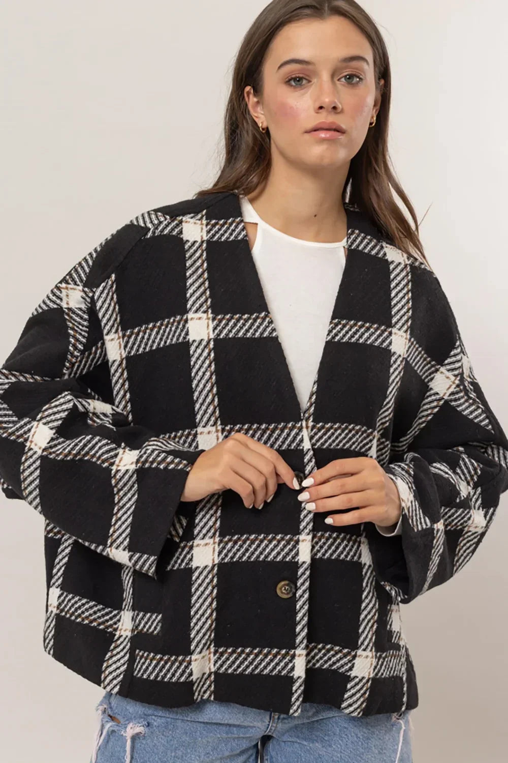 HF24F723 Plaid Long Sleeve Side Slit Pockets Jacket Shacket - Tasha Apparel Wholesale