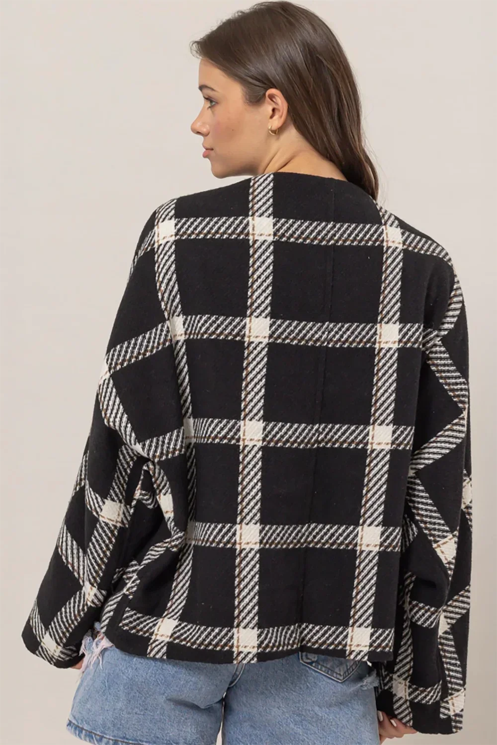 HF24F723 Plaid Long Sleeve Side Slit Pockets Jacket Shacket - Tasha Apparel Wholesale