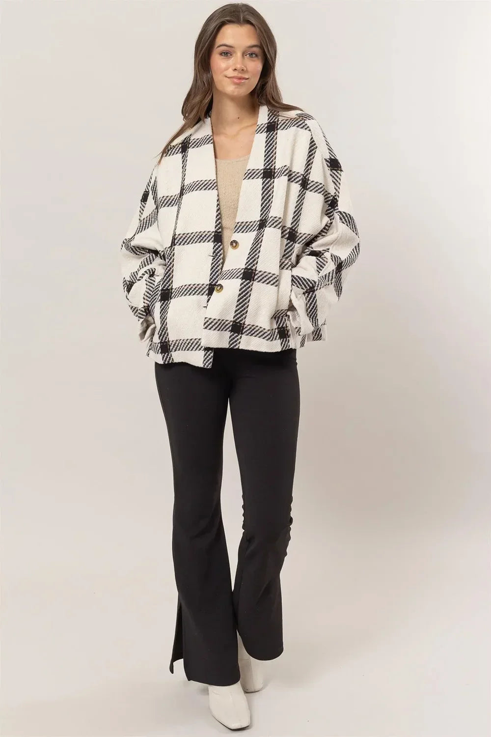 HF24F723 Plaid Long Sleeve Side Slit Pockets Jacket Shacket - Tasha Apparel Wholesale