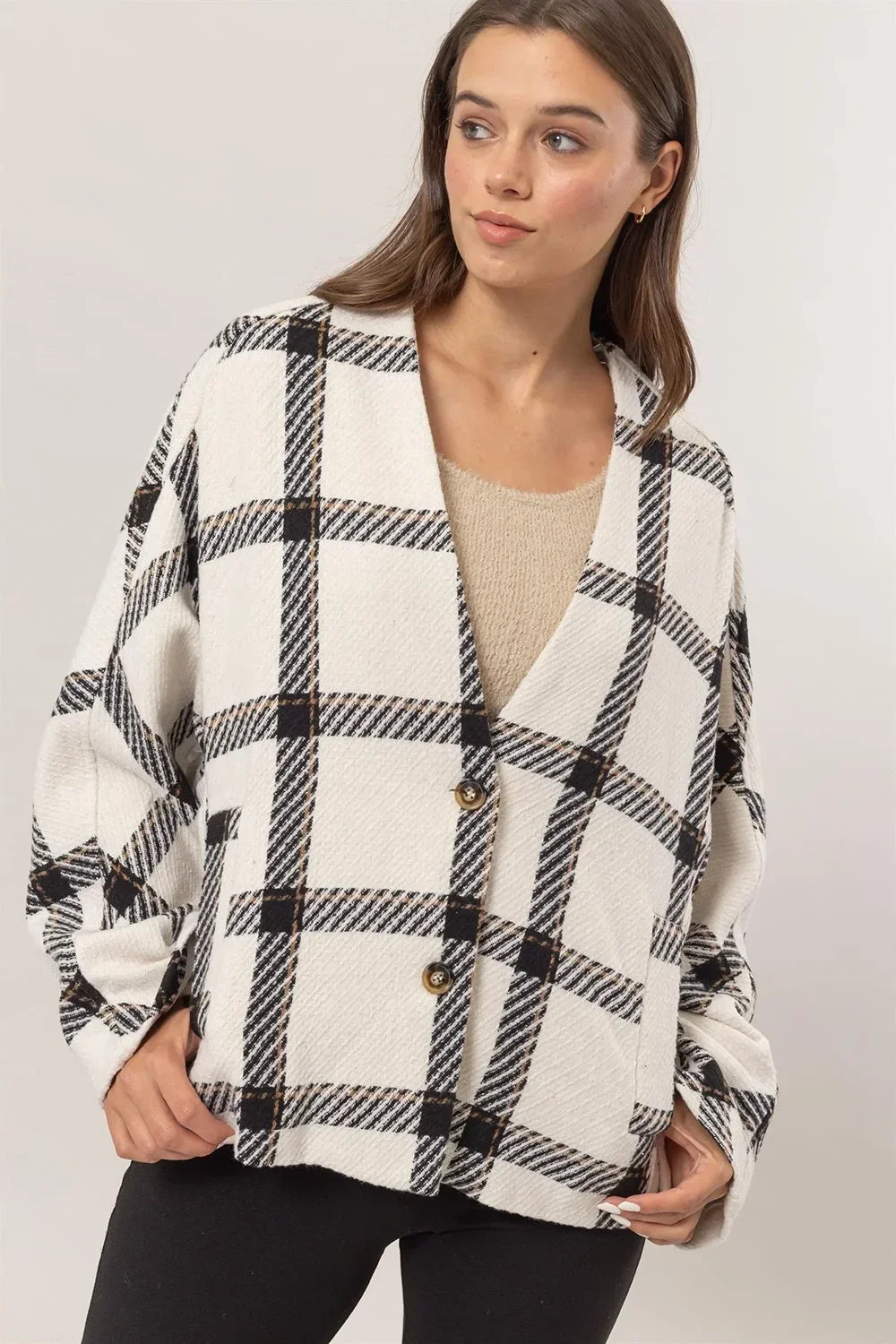 HF24F723 Plaid Long Sleeve Side Slit Pockets Jacket Shacket - Tasha Apparel Wholesale