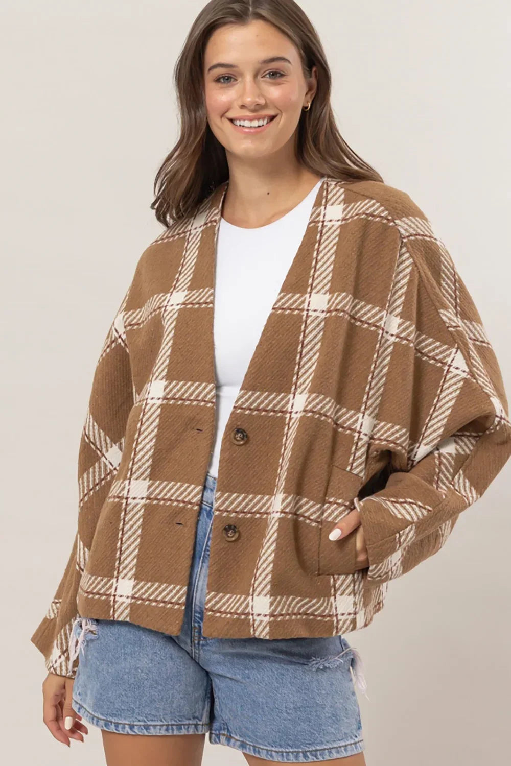 HF24F723 Plaid Long Sleeve Side Slit Pockets Jacket Shacket - Tasha Apparel Wholesale