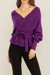 Long Sleeve Tiered Hen Wrap Front Knit Sweater with Crisscross Back Detail Top