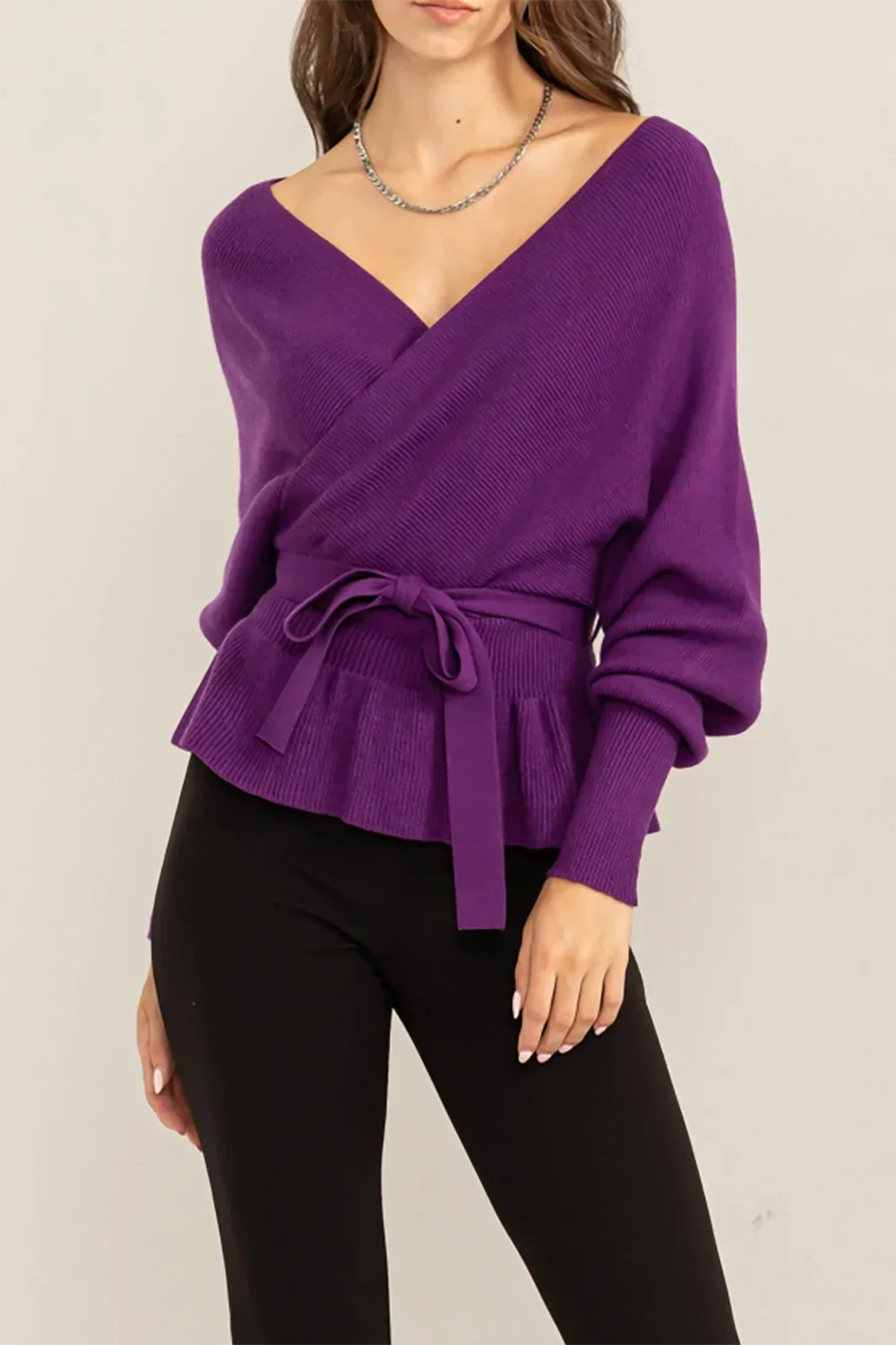 Long Sleeve Tiered Hen Wrap Front Knit Sweater with Crisscross Back Detail Top - Tasha Apparel Wholesale