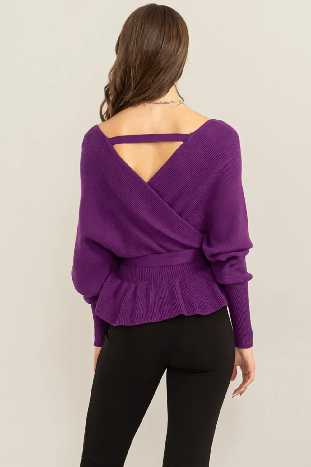 Long Sleeve Tiered Hen Wrap Front Knit Sweater with Crisscross Back Detail Top - Tasha Apparel Wholesale