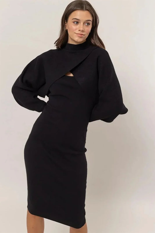 Ribbed Sleeveless Round Neck Midi Dress & Crop Cami Long Sleeve Sweater Set