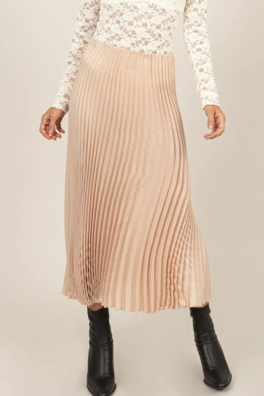 Elastic Waist Flowy Metallic Shiny Boutique Pleated Midi Skirt