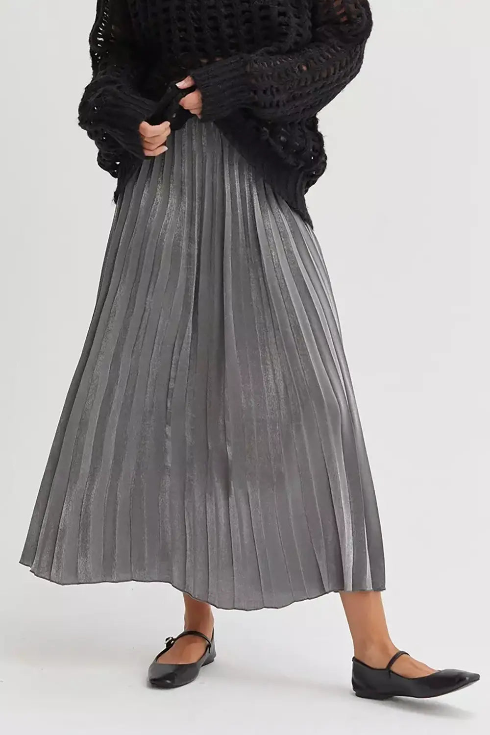 Elastic Waist Flowy Metallic Shiny Boutique Pleated Midi Skirt