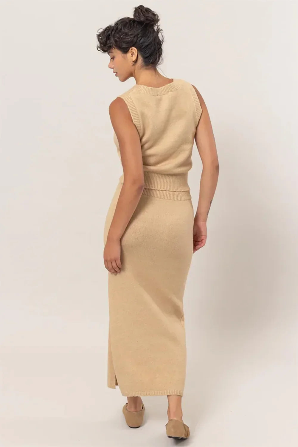 Ribbed Knit Button Front Sleeveless Vest Top Midi Skirt Two Piece Set