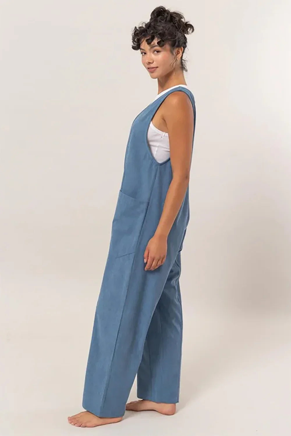 Corduroy Sleeveless V Neck Wide Leg Harem Overall Long Pants Jumpsuit