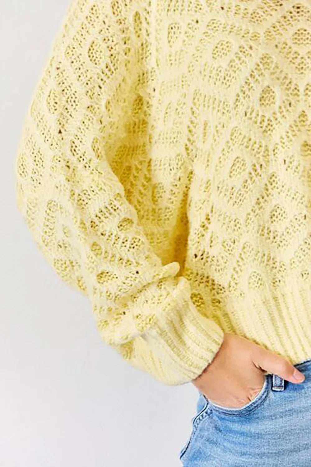 Lightweight Yellow Lace Knit Patterned Long Sleeve Pullover Wholesale Sweater