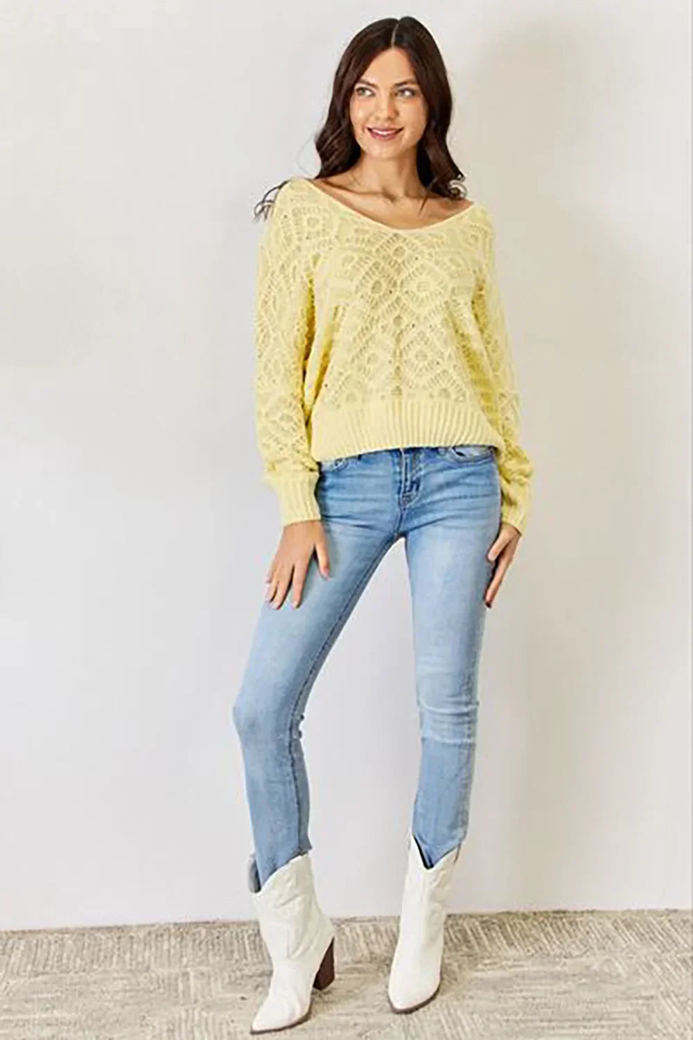 Lightweight Yellow Lace Knit Patterned Long Sleeve Pullover Wholesale Sweater