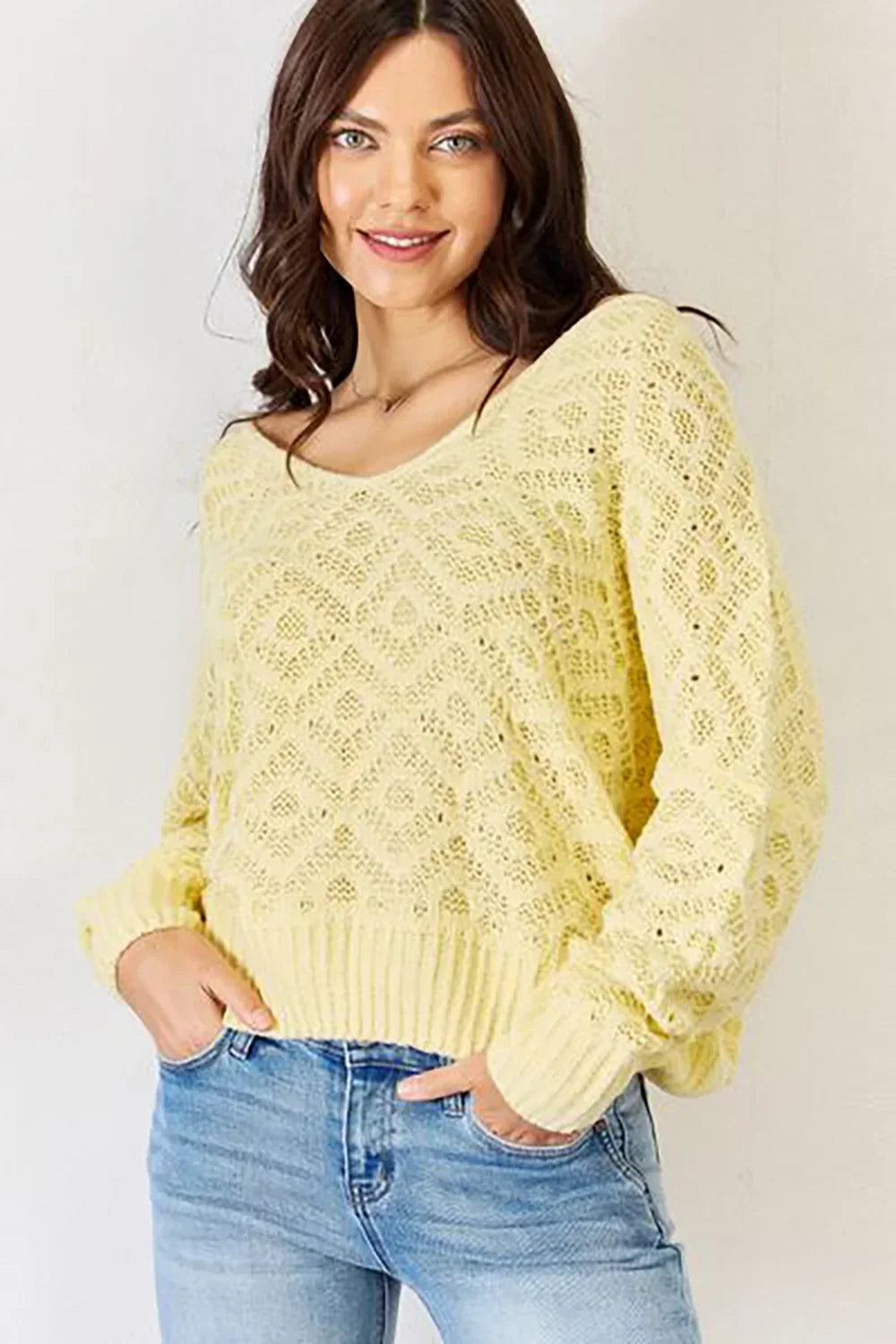 Lightweight Yellow Lace Knit Patterned Long Sleeve Pullover Wholesale Sweater