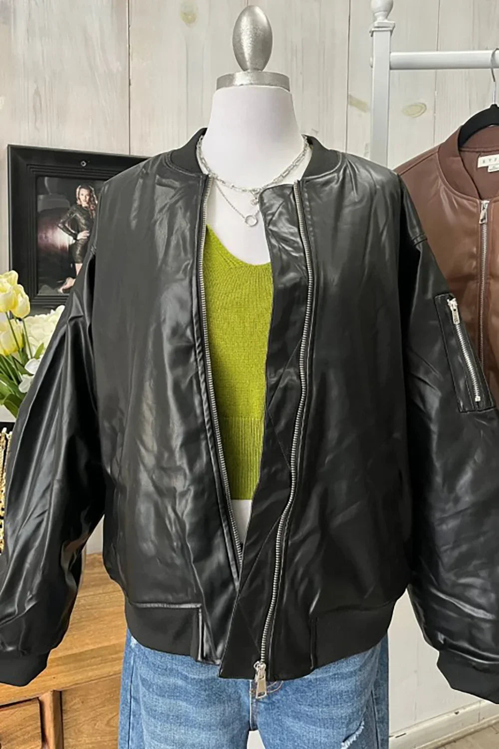 Vegan Leather Zipper Up Side Pocket Edgy Style Jacket