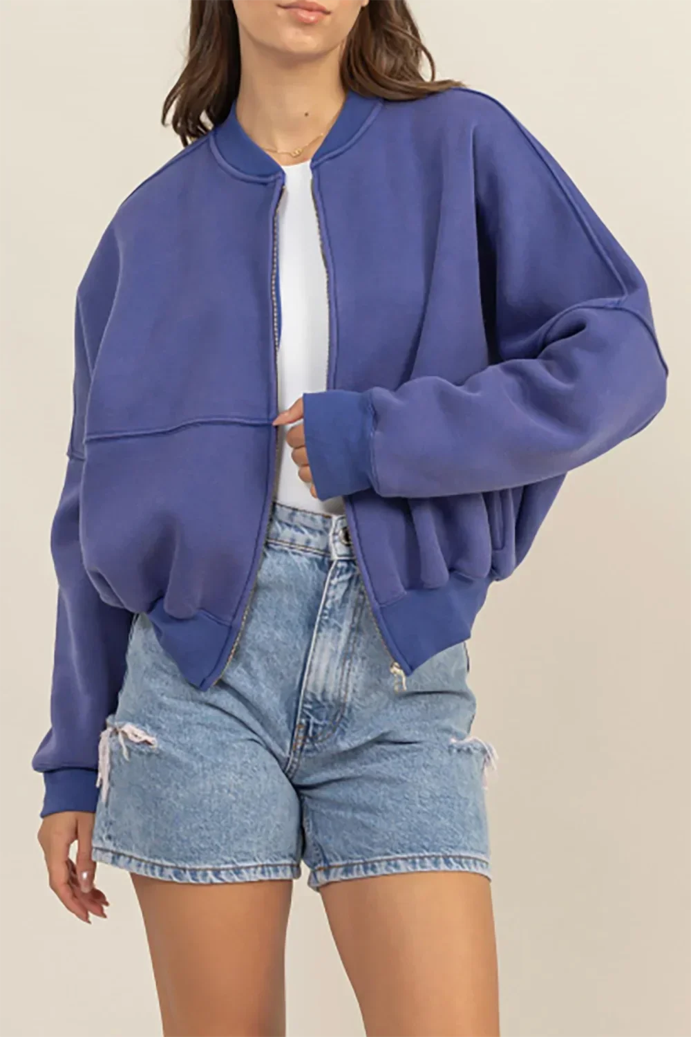 HF24F651 Washed French Terry Ribbed Collar Zip Up Jacket - Tasha Apparel Wholesale