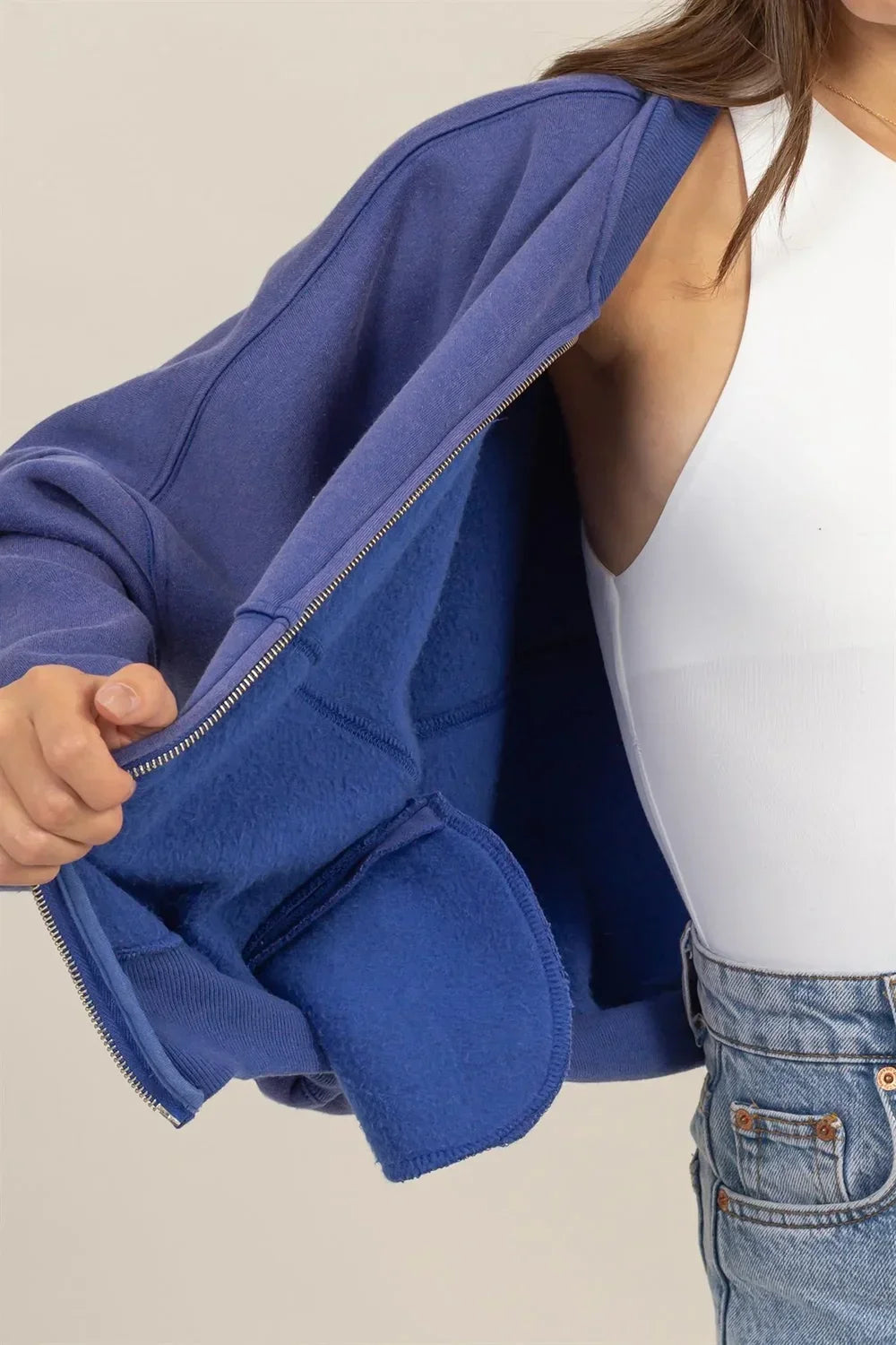 HF24F651 Washed French Terry Ribbed Collar Zip Up Jacket - Tasha Apparel Wholesale