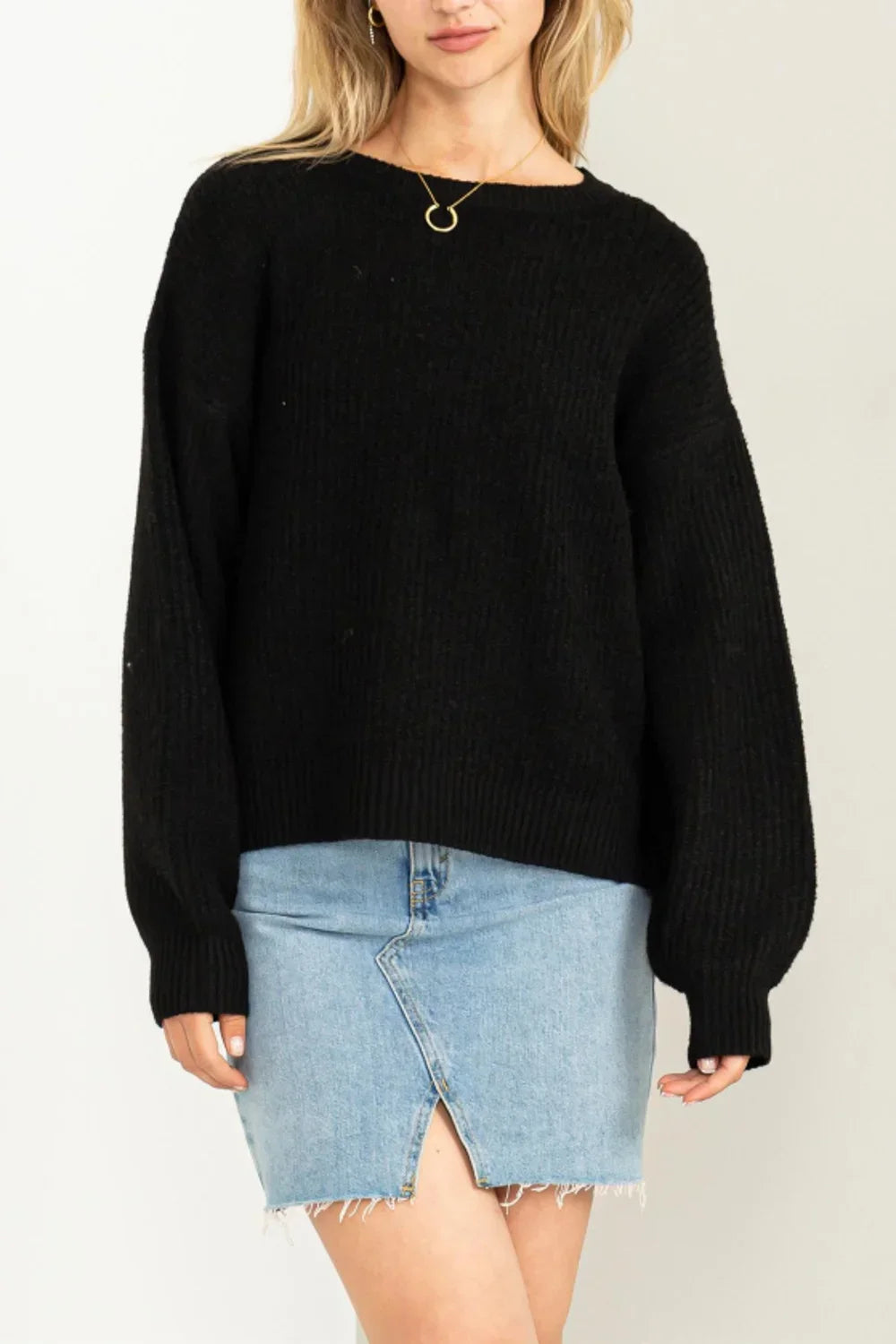 Balloon Sleeve Crew Neck Ribbed Knit Cozy Boutique Fashion Sweater - Tasha Apparel Wholesale