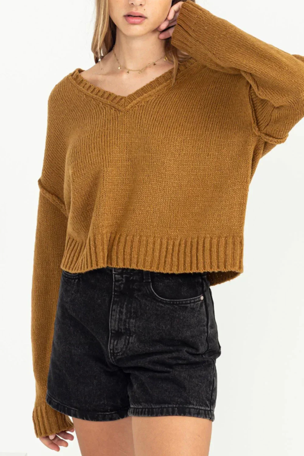 DZ23F803 V-Neck Ribbed Trim Long Sleeve Cropped Knit Pullover Sweater - Tasha Apparel Wholesale