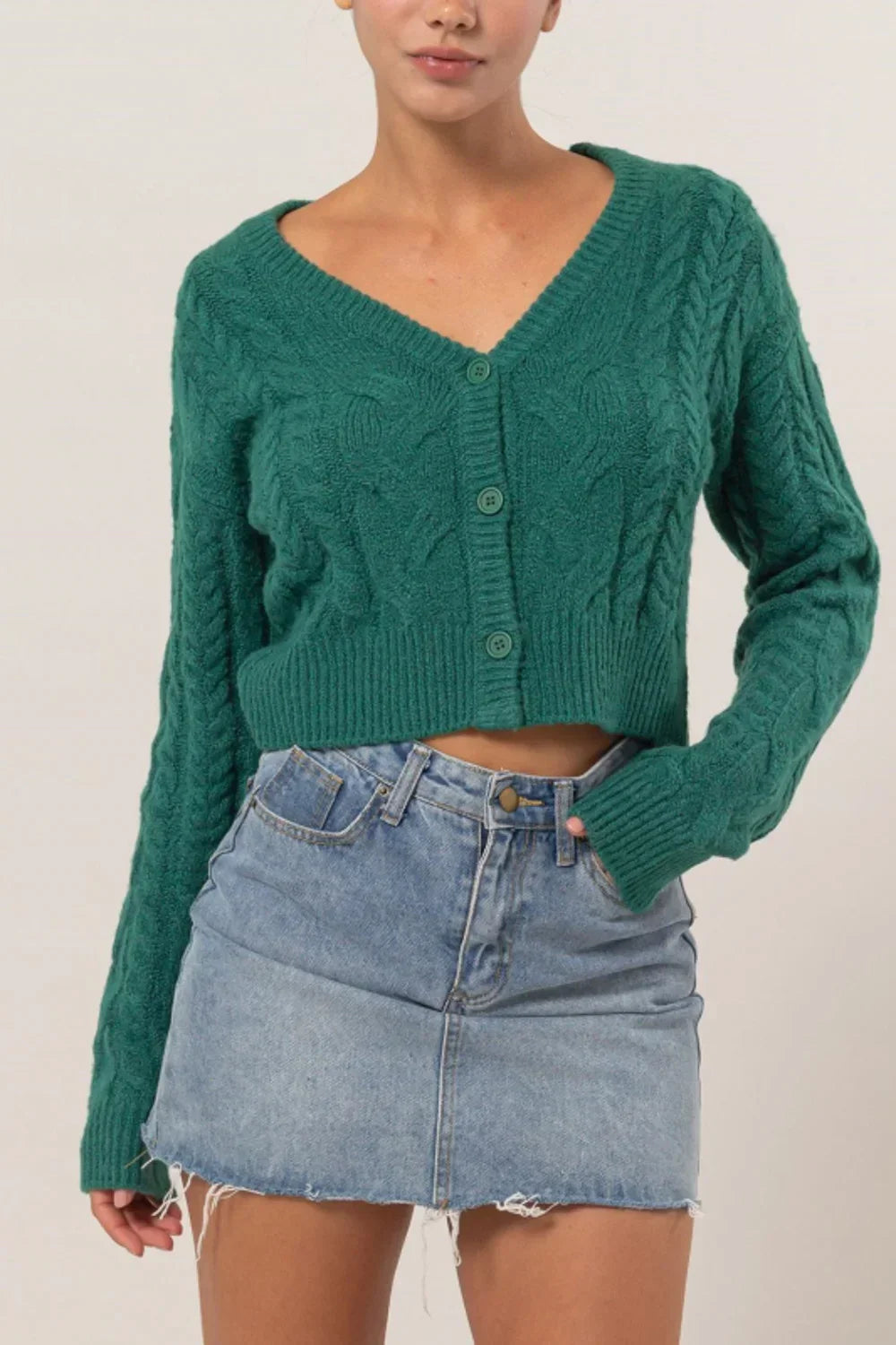 Teal Cable Knit Cropped Button Front V-Neck Long Sleeve Cozy Boutique Fashion Cardigan - Tasha Apparel Wholesale