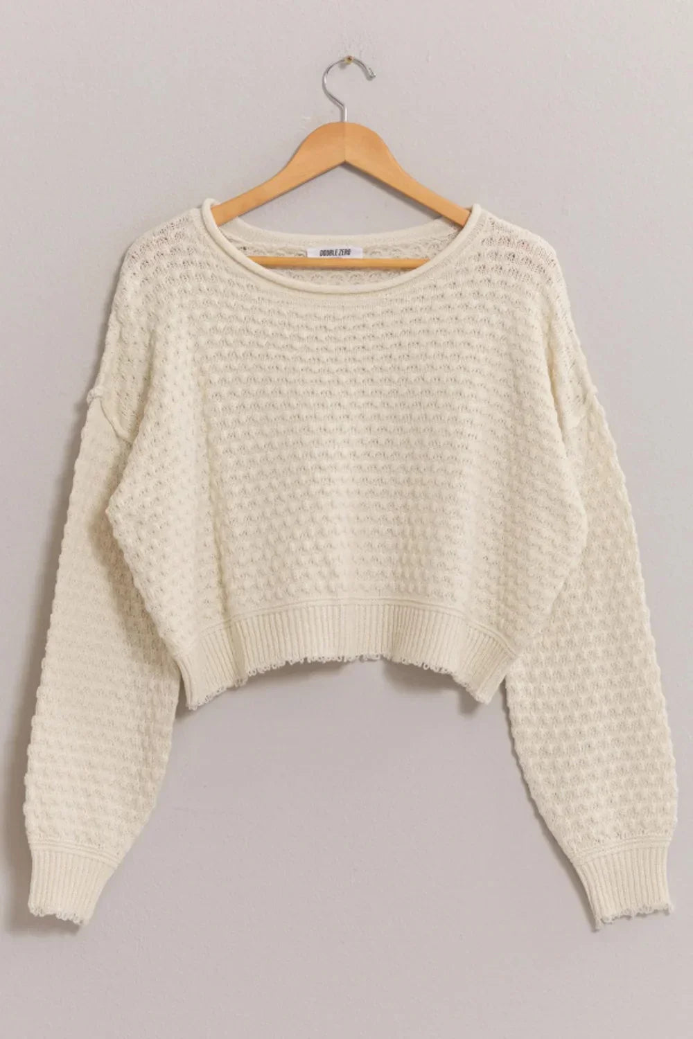 Waffle Knit Cropped Long Sleeve Raw Hem Relaxed Fit Cozy Boutique Sweater - Tasha Apparel Wholesale