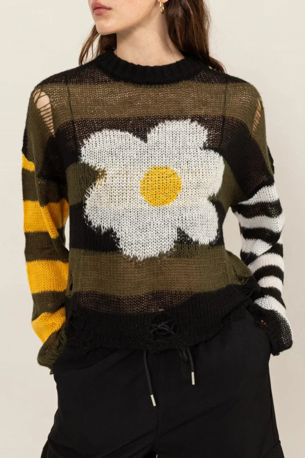 Colorblock Daisy Floral Print Distressed Mock Neck Lightweight Sweater