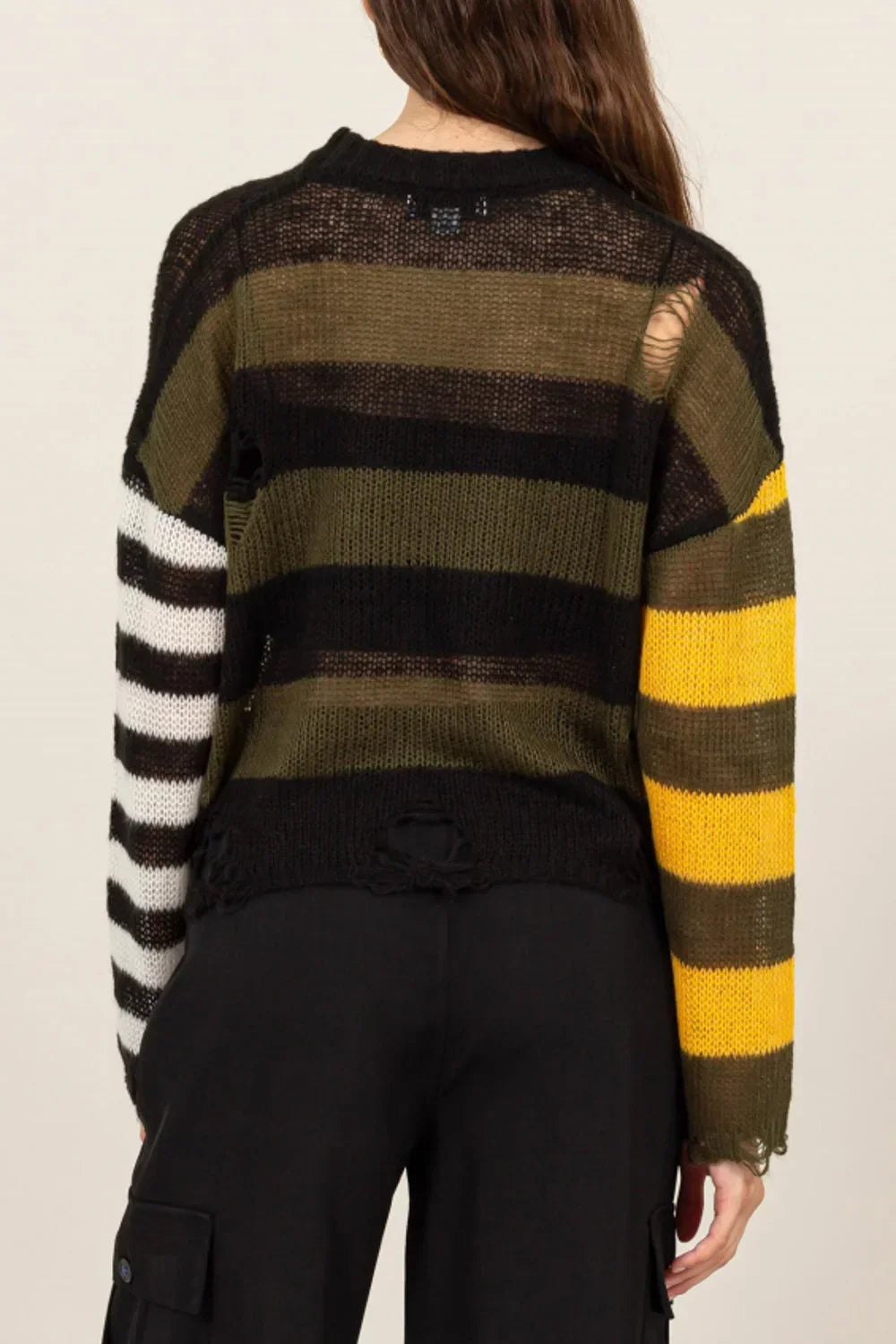 Colorblock Daisy Floral Print Distressed Mock Neck Lightweight Sweater