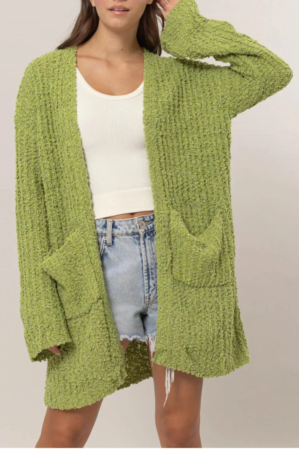 Popcorn Knit Open Front with Pockets Oversized Long Sleeve Sweater Cardigan