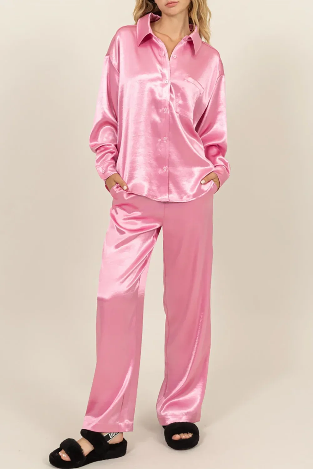 DZ24F996 Satin Flowy Love Pajama Set - Tasha Apparel Wholesale