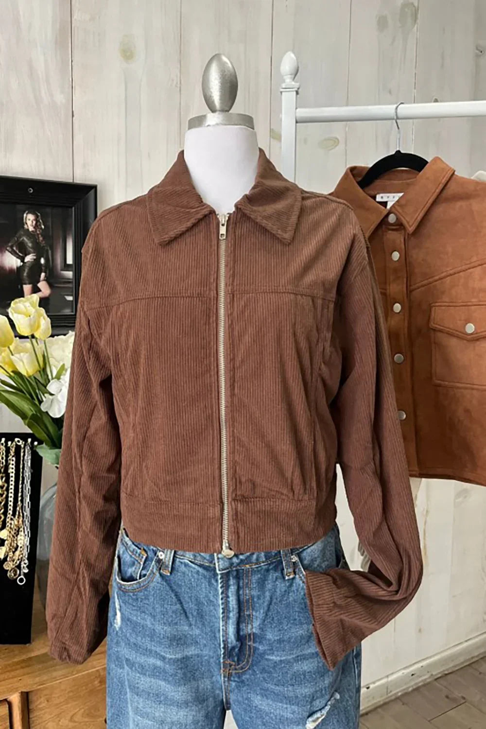 Zipper Up Collared Crop Corduroy Vintage Style Fall Jacket