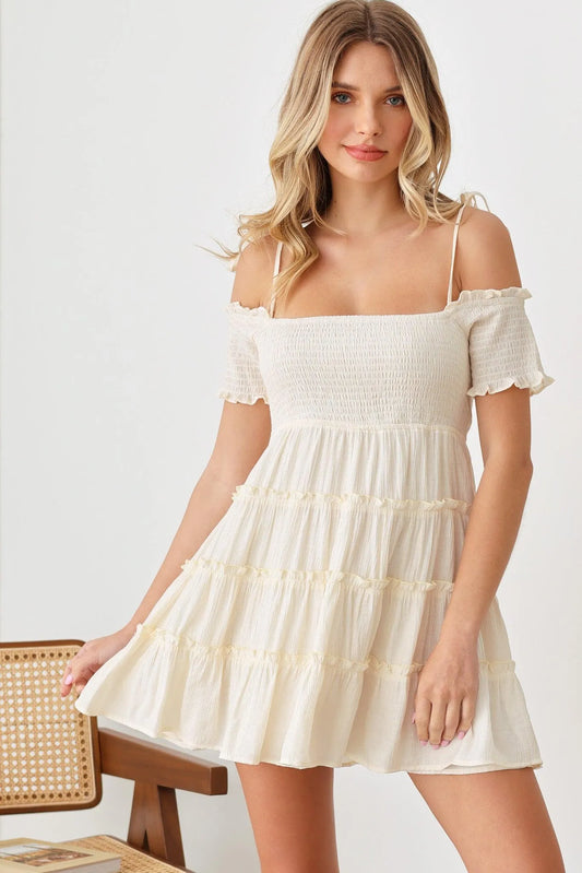 Boho Smocked Cold-Shoulder Tie-Strap Mini Dress - Tasha Apparel Wholesale