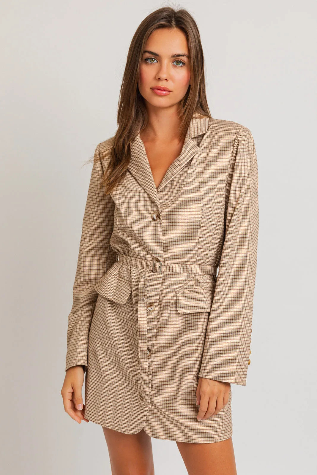 Plaid Pattern Long Sleeve Belted Mini Blazer Dress - Tasha Apparel Wholesale