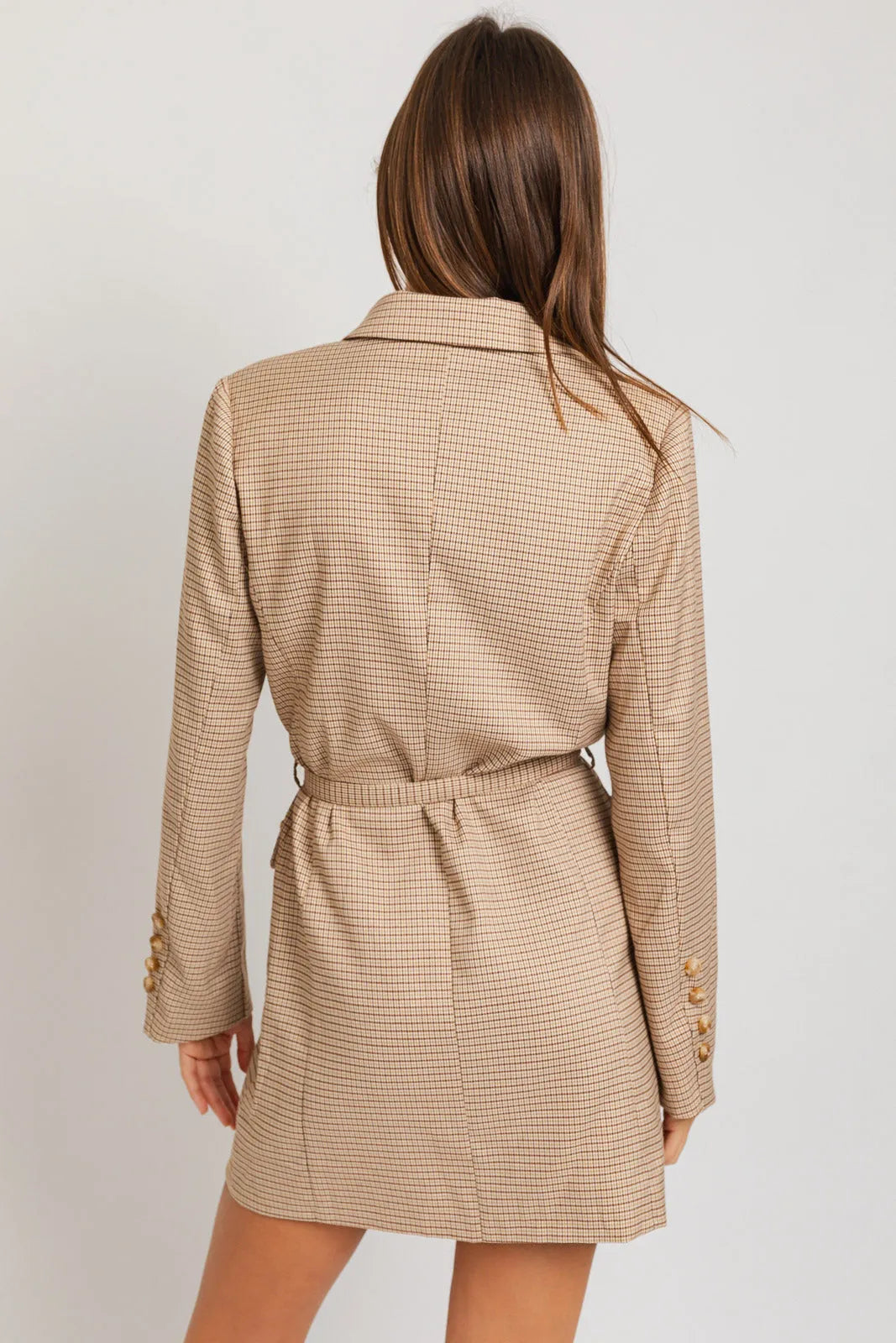Plaid Pattern Long Sleeve Belted Mini Blazer Dress - Tasha Apparel Wholesale