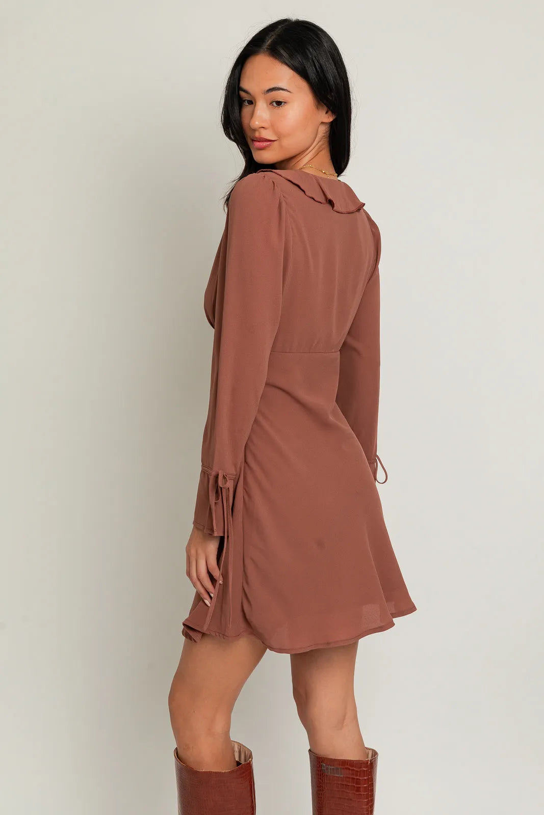 Chiffon Ruffle Long Sleeve V-neck Mini Dress - Tasha Apparel Wholesale