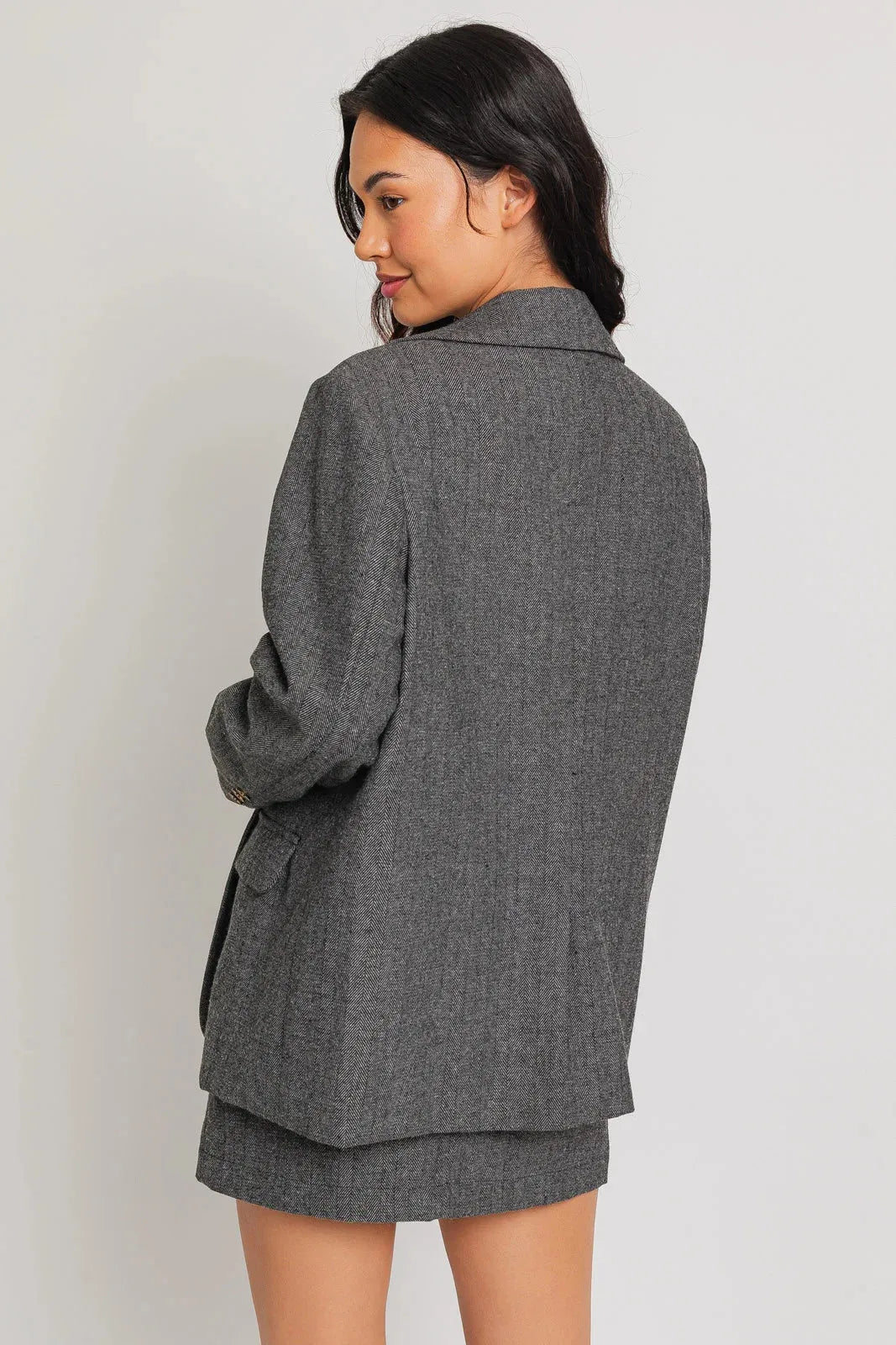 Oversize Tweed Boyfriend Fit Front Pocket Blazer Jacket - Tasha Apparel Wholesale