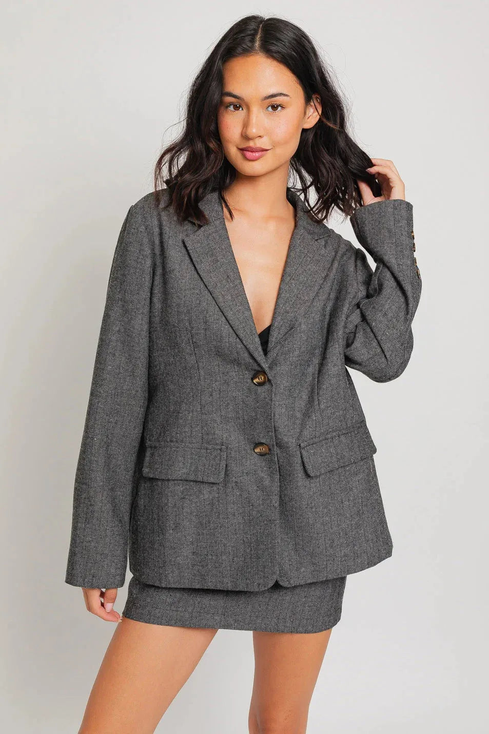 Oversize Tweed Boyfriend Fit Front Pocket Blazer Jacket - Tasha Apparel Wholesale